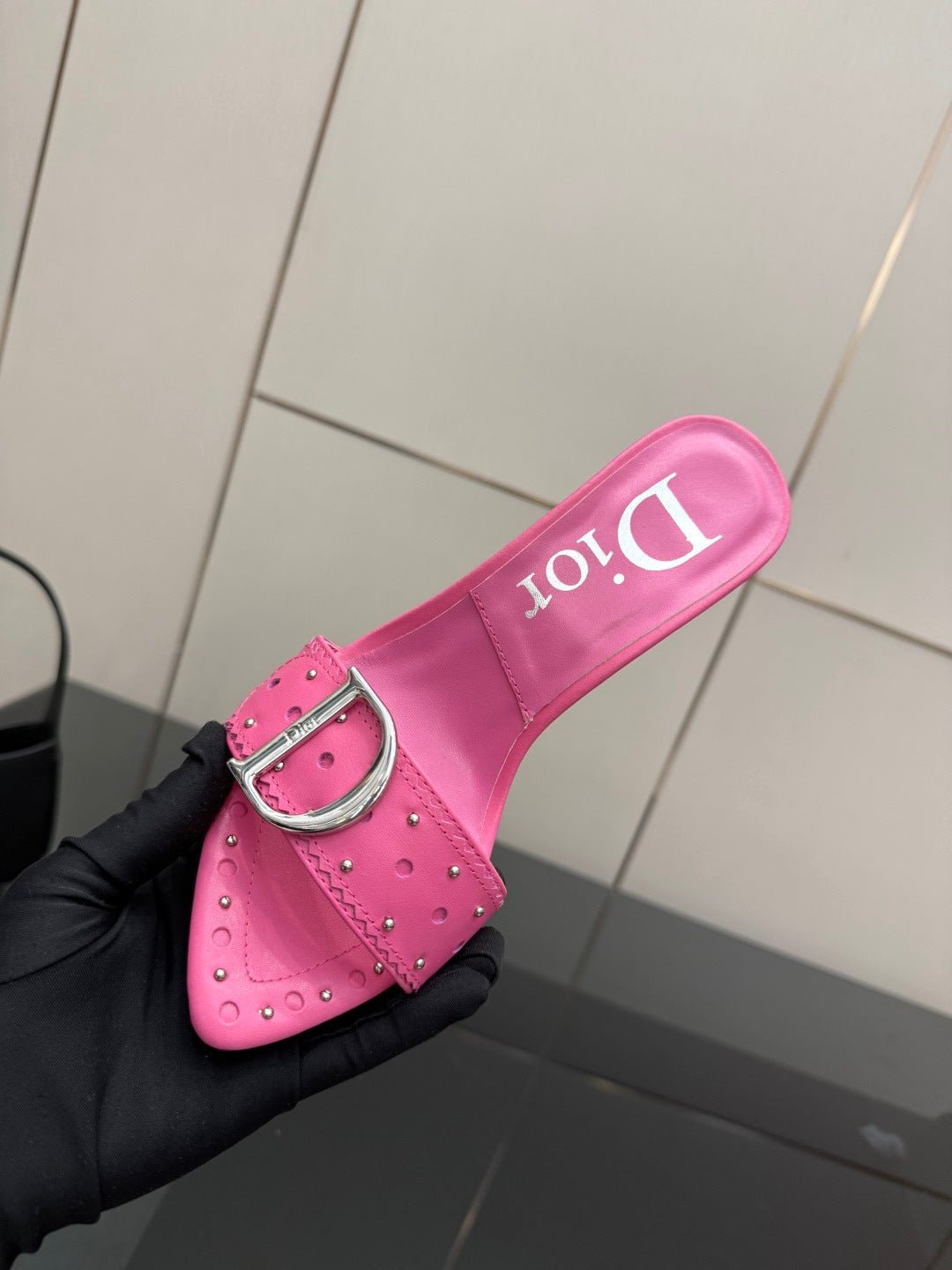 PINK STUDDED LOGO MULE HEELS