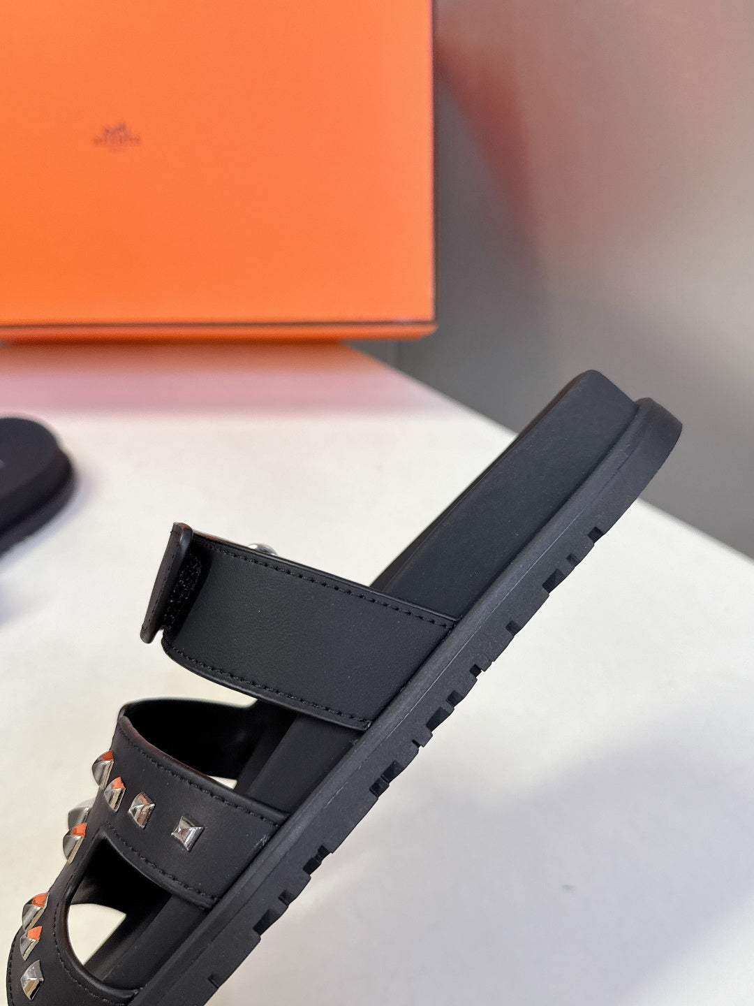 BLACK STUDDED SLIDE SANDALS