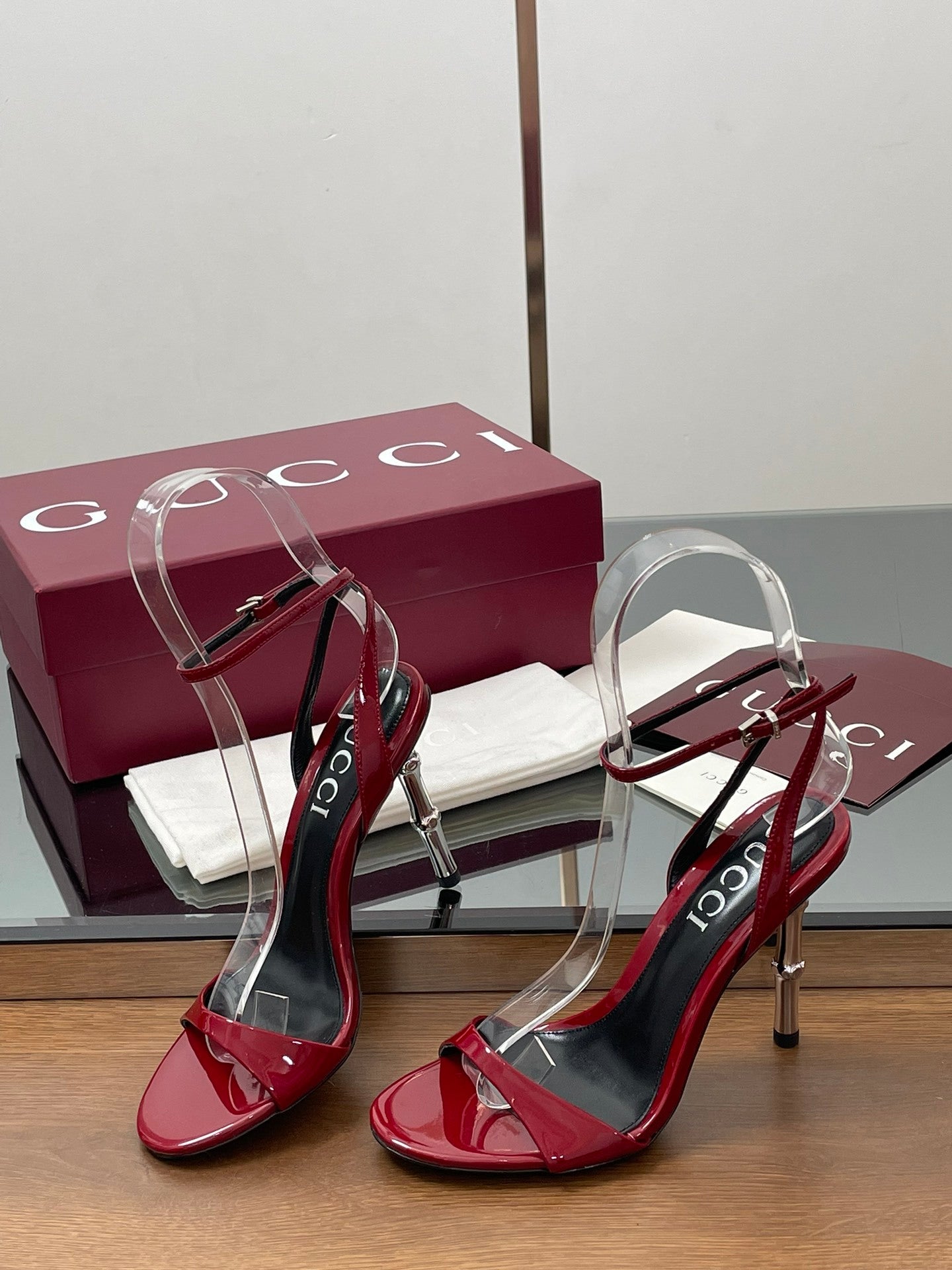 RED PATENT STRAPPY HEEL SANDALS WITH METALLIC HEEL