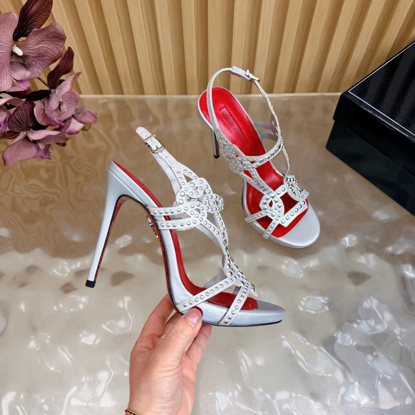 CRYSTAL STUD GLADIATOR STILETTO SANDALS – SILVER EDITION