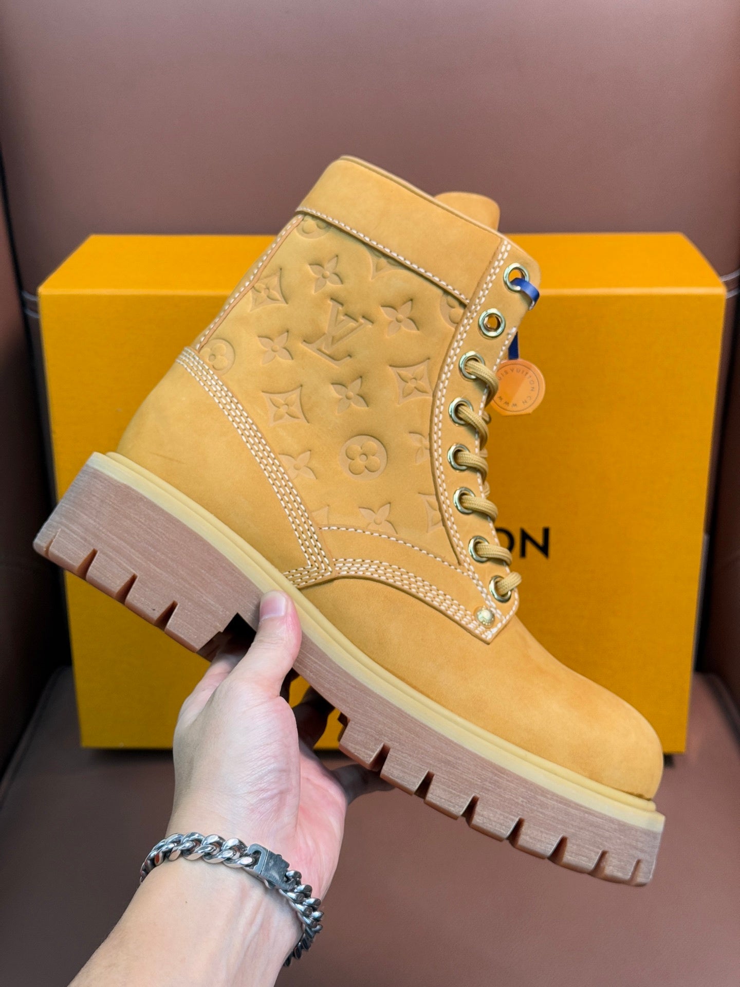 TAN MONOGRAM SUEDE COMBAT BOOTS