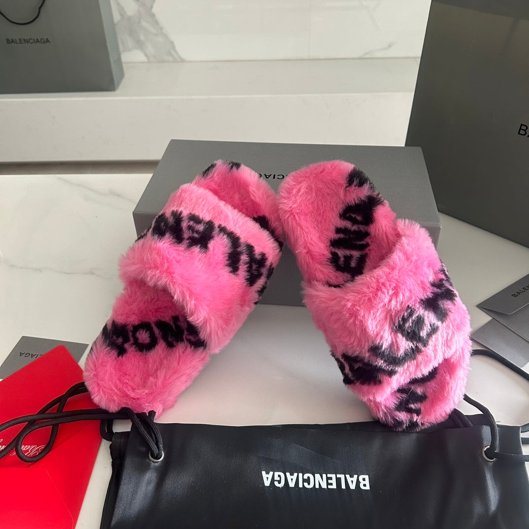 PINK FAUX FUR LOGO SLIDE SANDALS