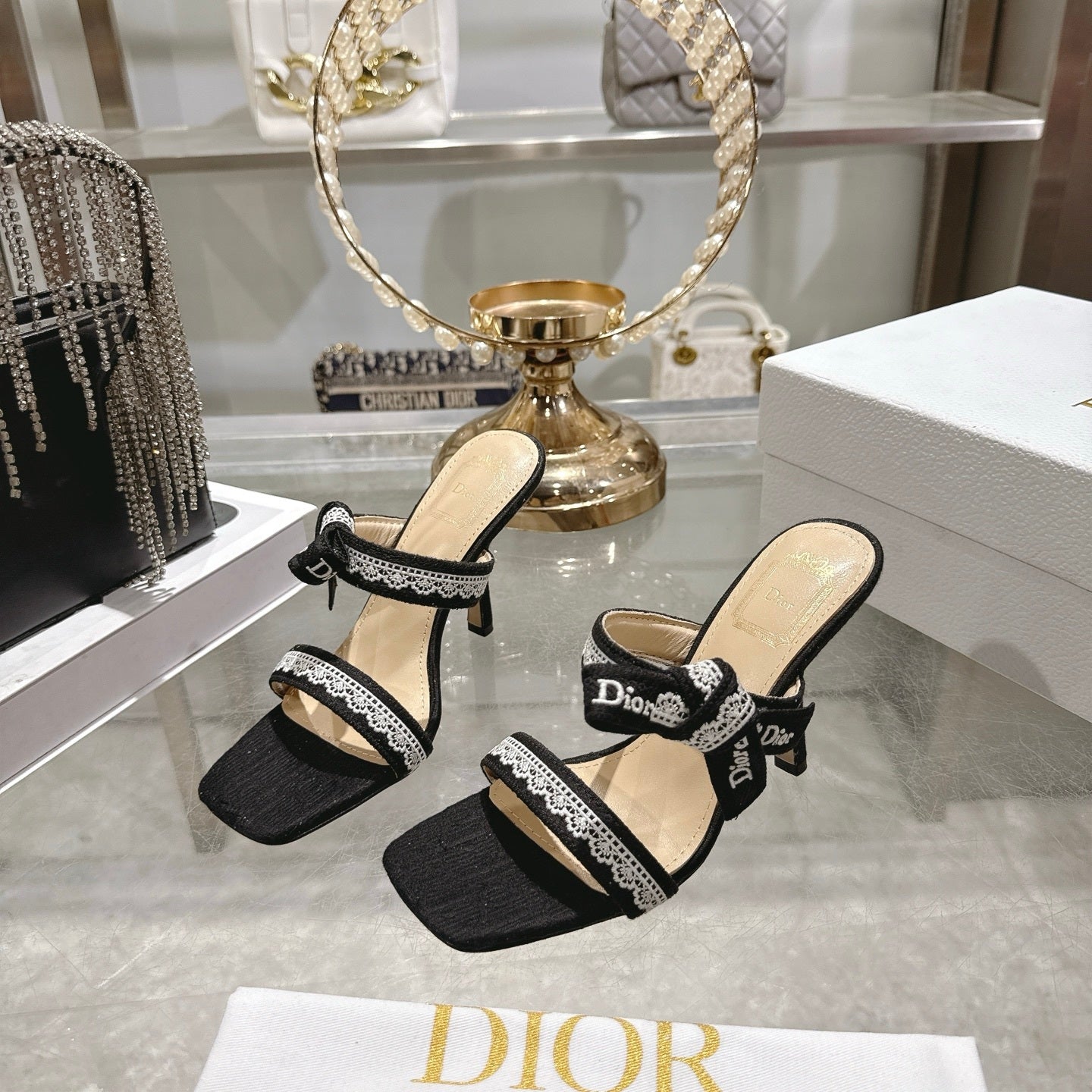 BLACK LACE TRIM BOW STRAP HEEL SANDALS