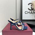 NAVY LACE TRIM LOGO STRAP HEEL SANDALS