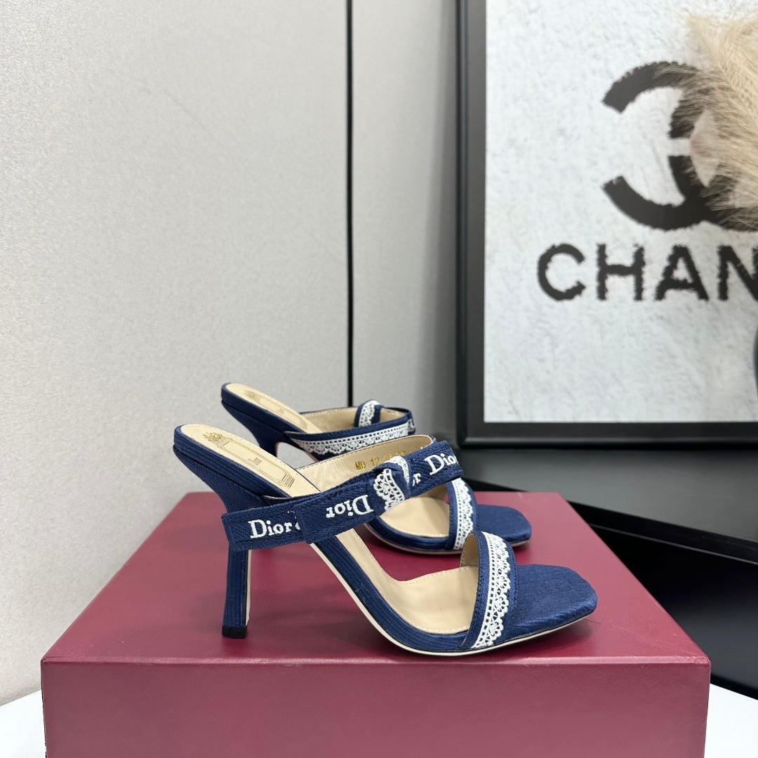 NAVY LACE TRIM LOGO STRAP HEEL SANDALS