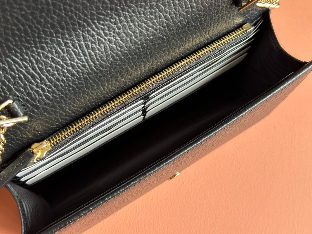 BLACK LEATHER CHAIN WALLET CROSSBODY BAG