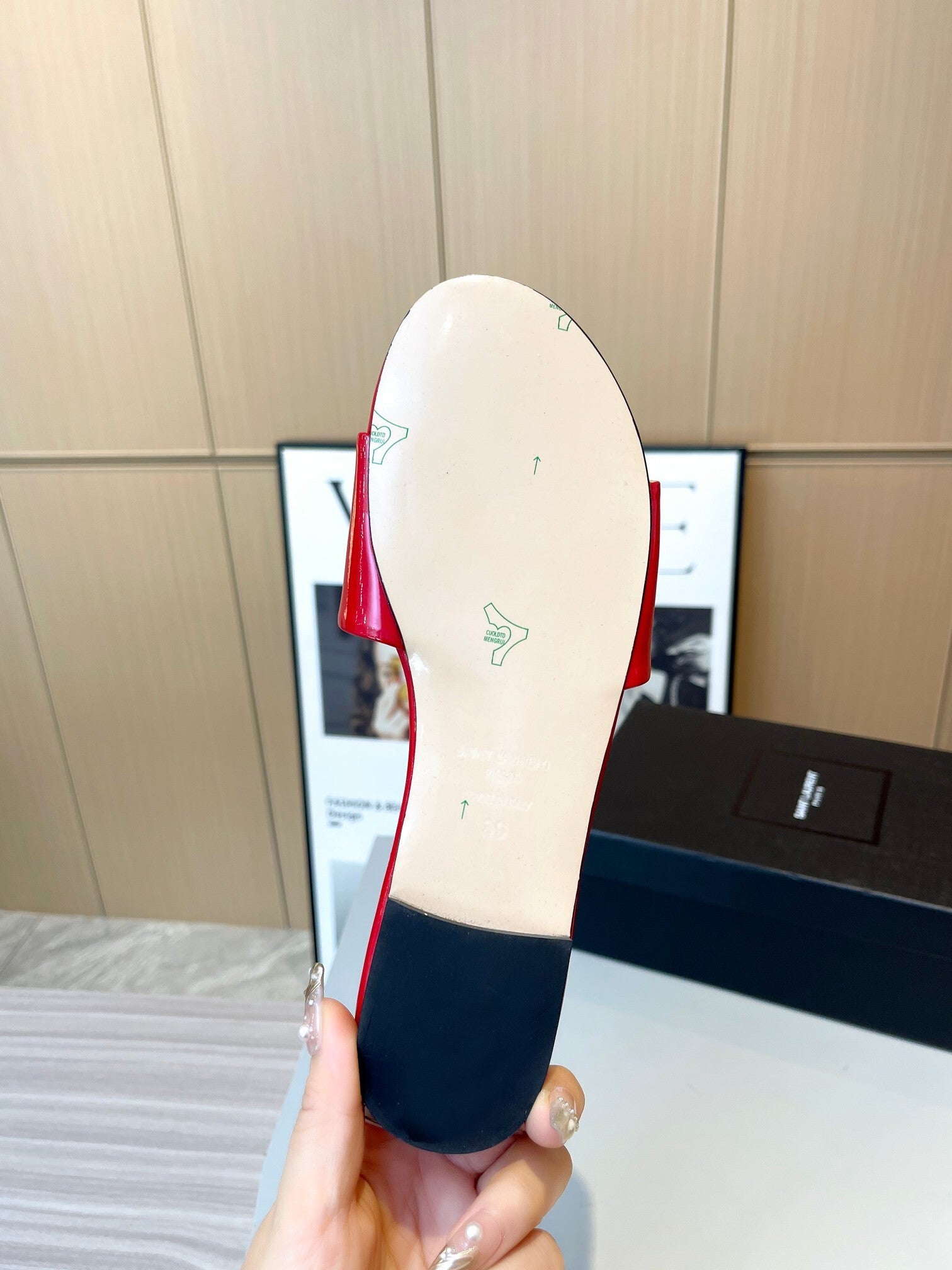 RED PATENT SLIDE SANDALS