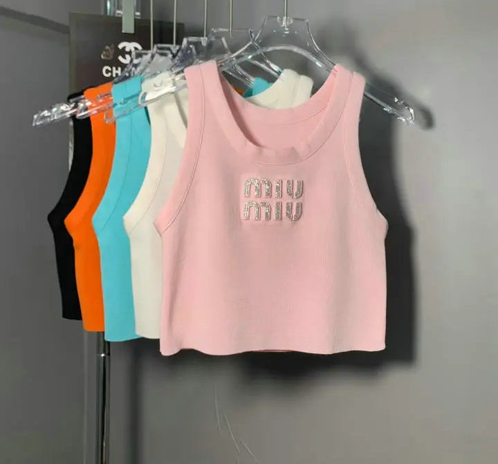 EMBELLISHED LOGO RIBBED CROP TANK