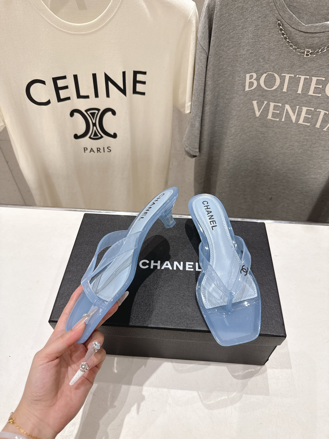 PASTEL BLUE CLEAR HEEL SANDALS