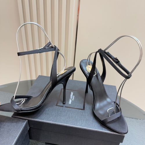 BLACK MINIMAL STRAP ANKLE HEEL SANDALS