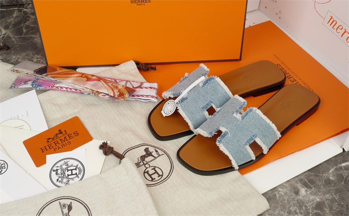 FRINGED DENIM H-STRAP SLIDE SANDALS