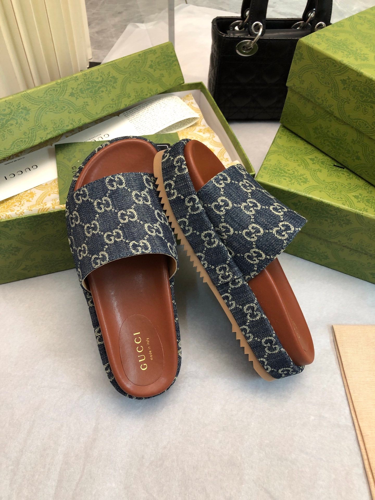 DENIM MONOGRAM PLATFORM SLIDES