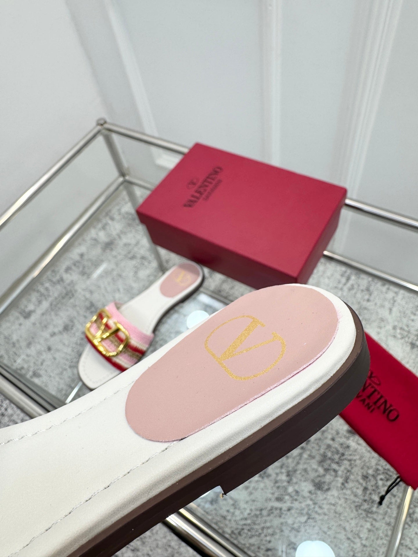 WOVEN STRAP FLAT SLIDES – PINK MULTICOLOR WITH GOLD BUCKLE