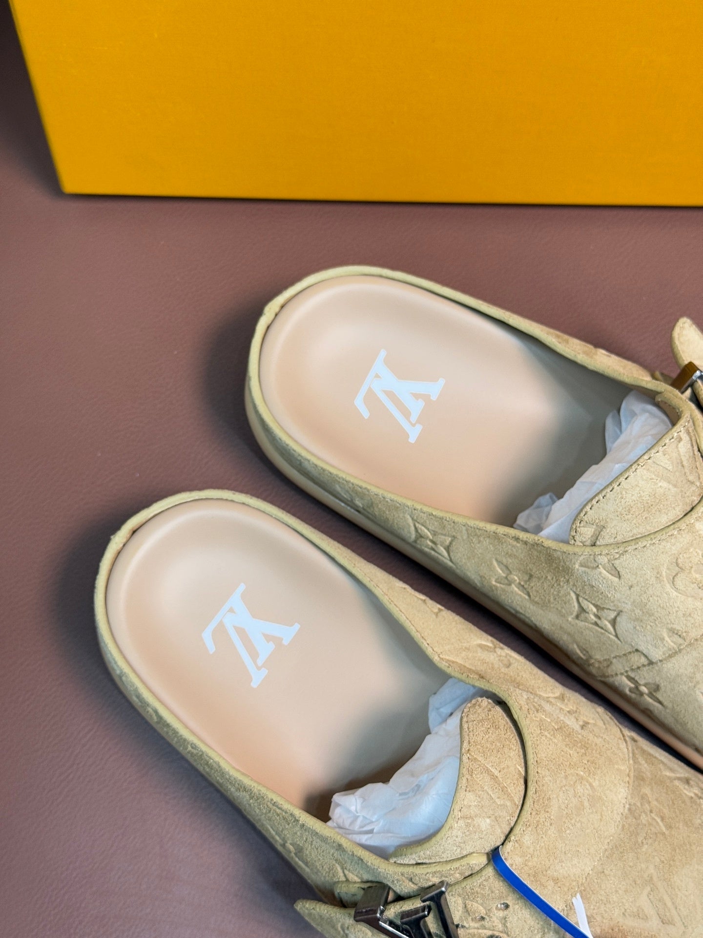 SUEDE MONOGRAM SLIDE CLOGS