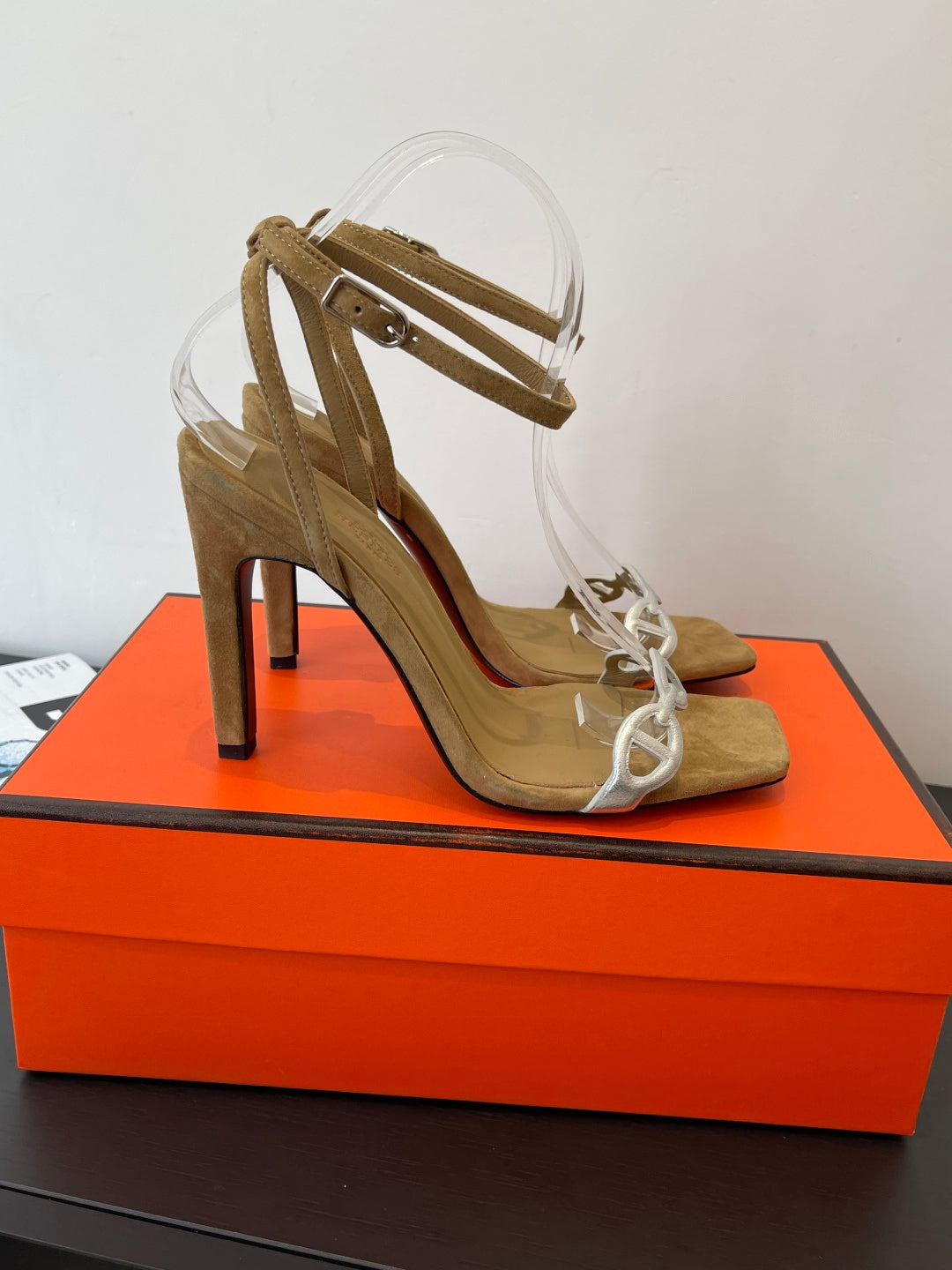 CAMEL SUEDE ANKLE STRAP HIGH HEEL SANDALS