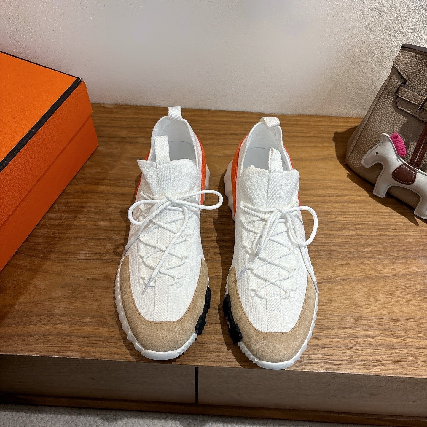 WHITE TECH-KNIT SNEAKERS WITH SUEDE TOE & ORANGE HEEL ACCENT