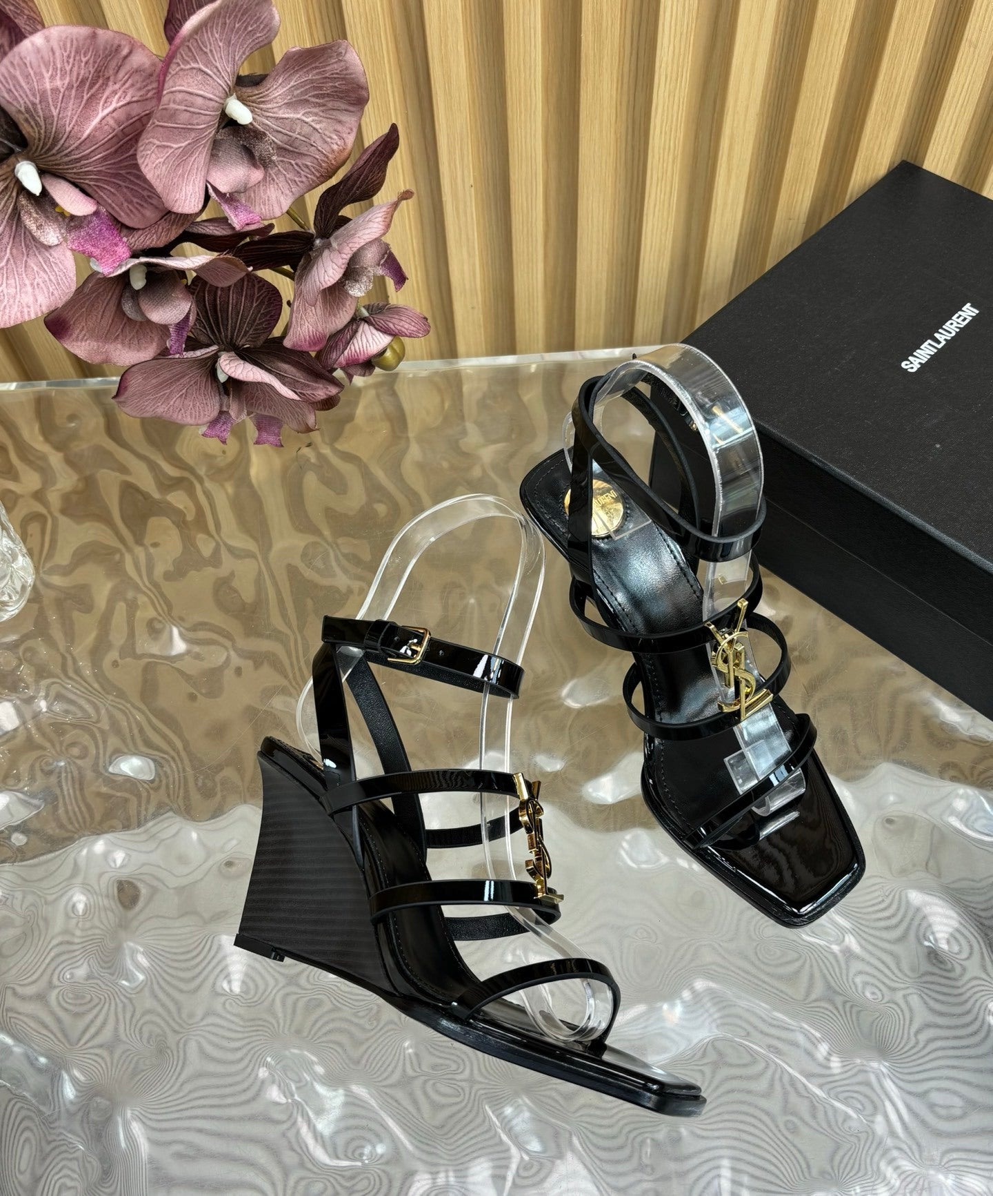 BLACK MULTI-STRAP HIGH HEEL SANDALS WITH GOLD LOGO DETAIL