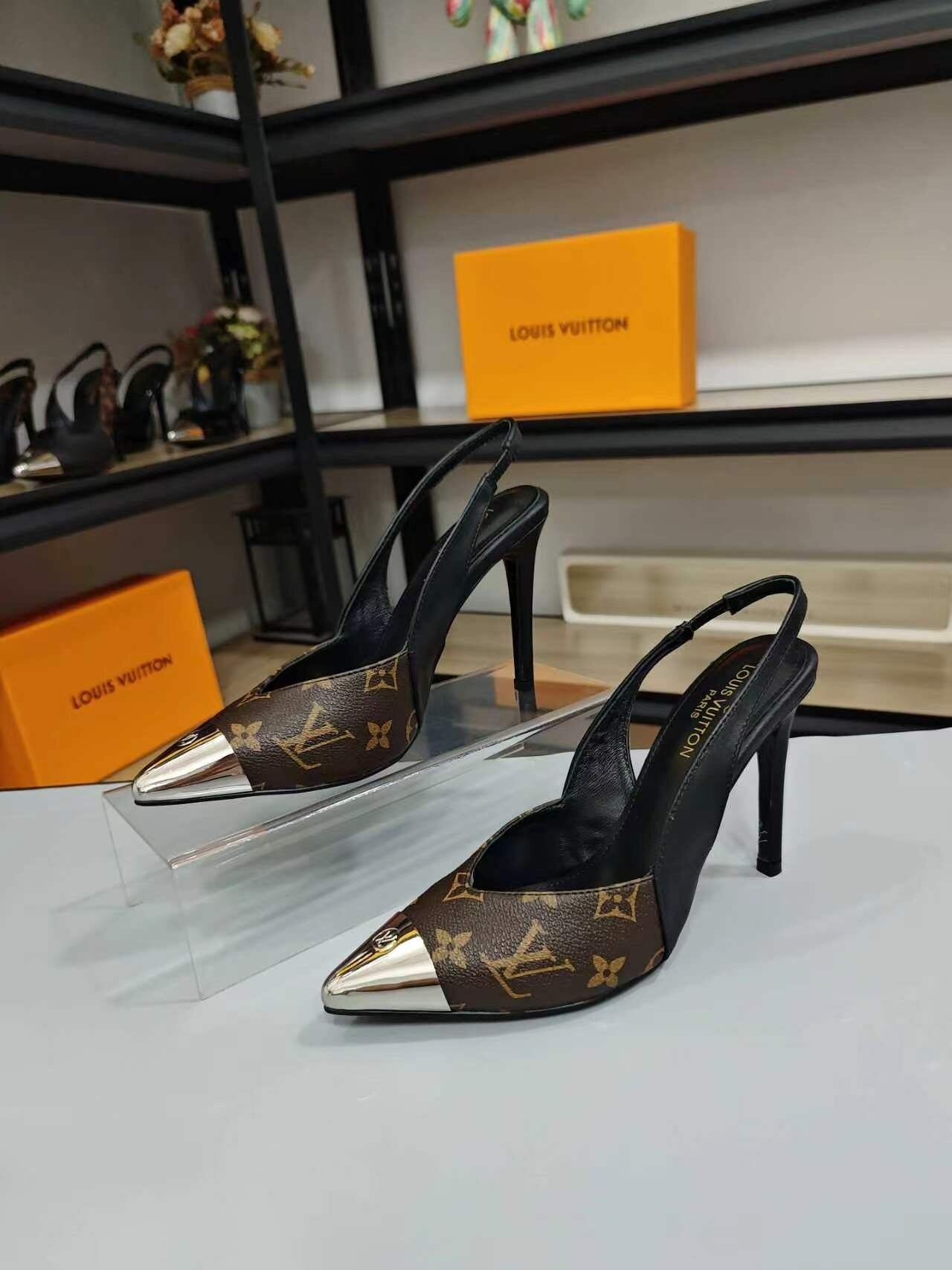MONOGRAM PRINT SLINGBACK HEELS WITH METAL TOE CAP