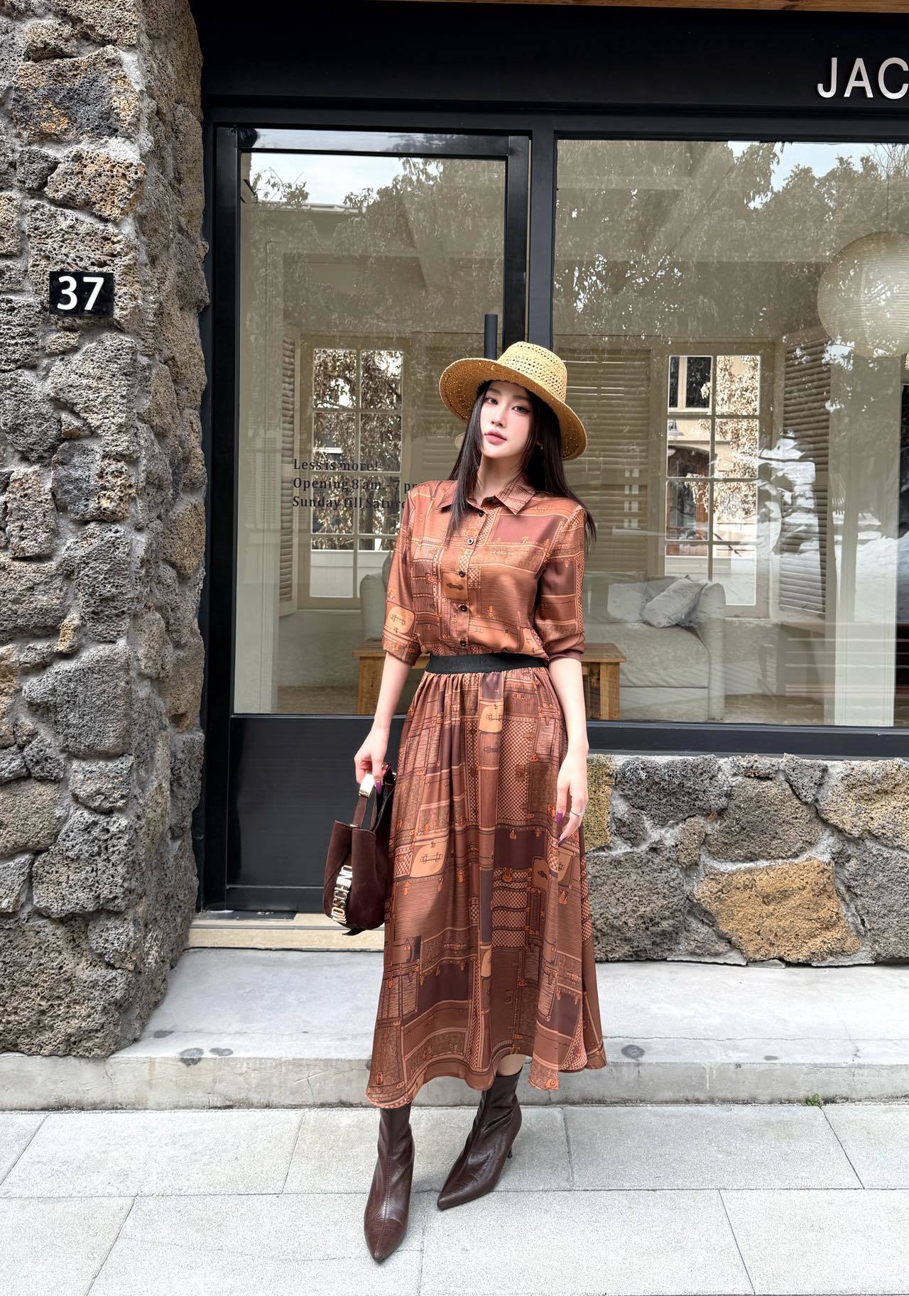 PRINTED BUTTON-FRONT MIDI DRESS WITH WAIST BELT