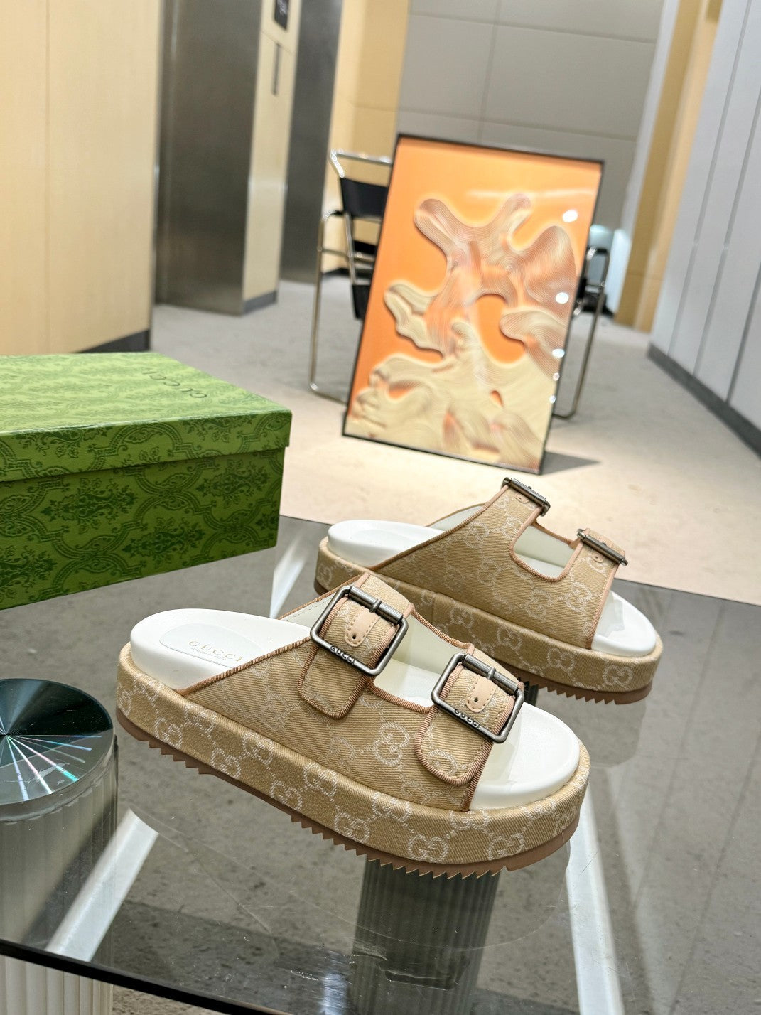 BEIGE MONOGRAM DOUBLE-STRAP SANDALS