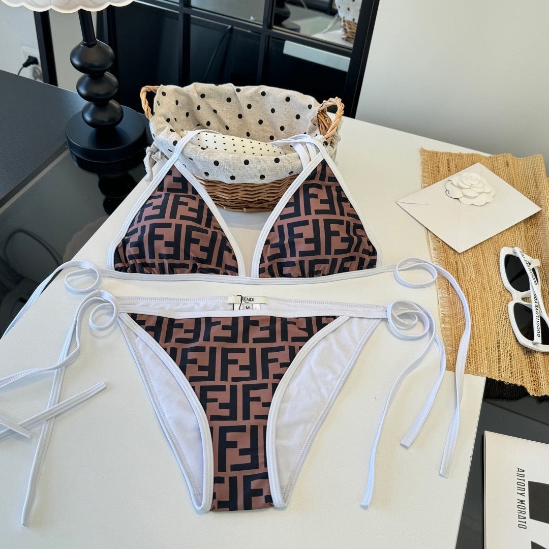 BROWN MONOGRAM TRIANGLE BIKINI SET WITH WHITE TRIM