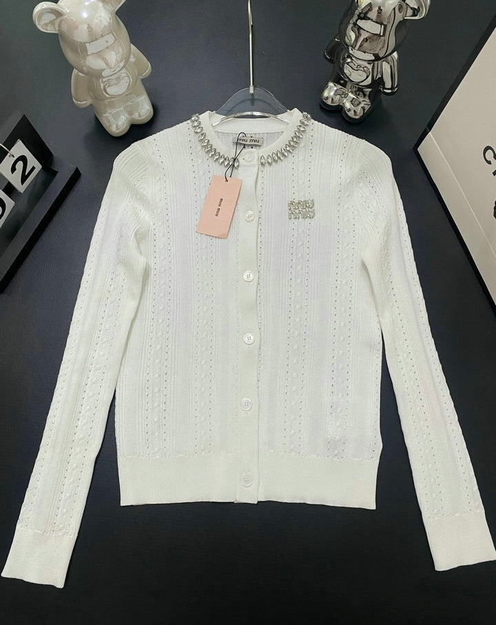 JEWELED COLLAR KNIT CARDIGAN