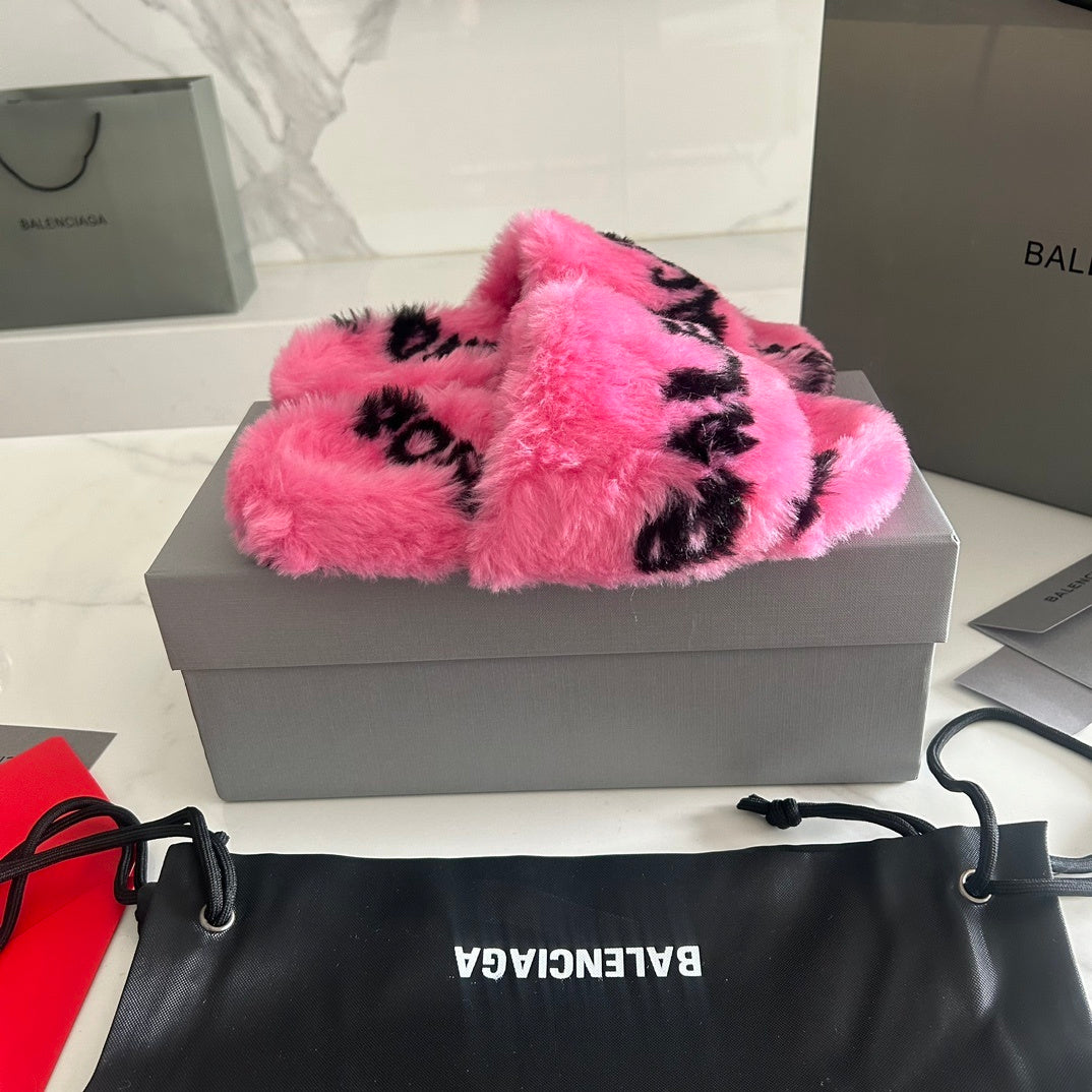PINK FAUX FUR LOGO SLIDE SANDALS