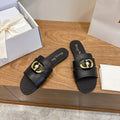 BLACK LEATHER GOLD BUCKLE SLIDE SANDALS