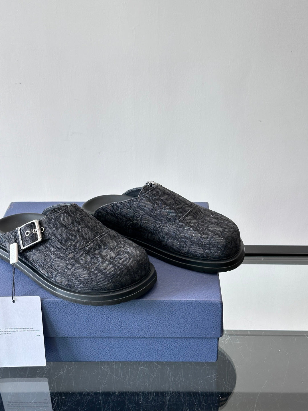 DARK MONOGRAM DESIGNER SLIDE MULES WITH METAL BUCKLE