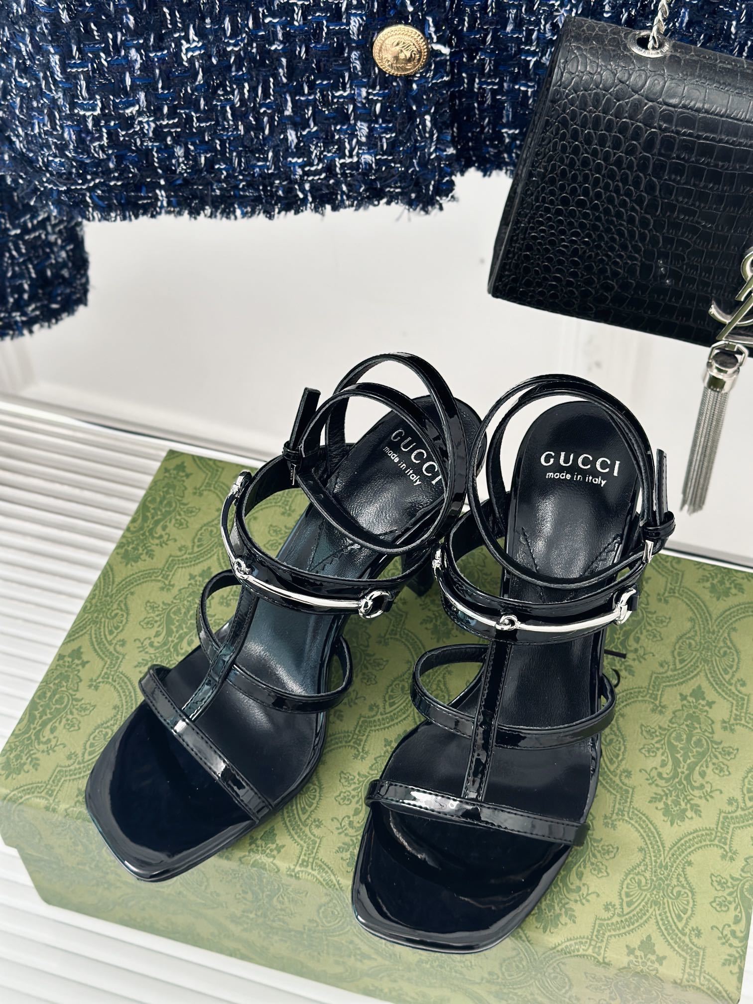 PATENT BLACK STRAPPY HEEL SANDALS WITH METAL DETAIL
