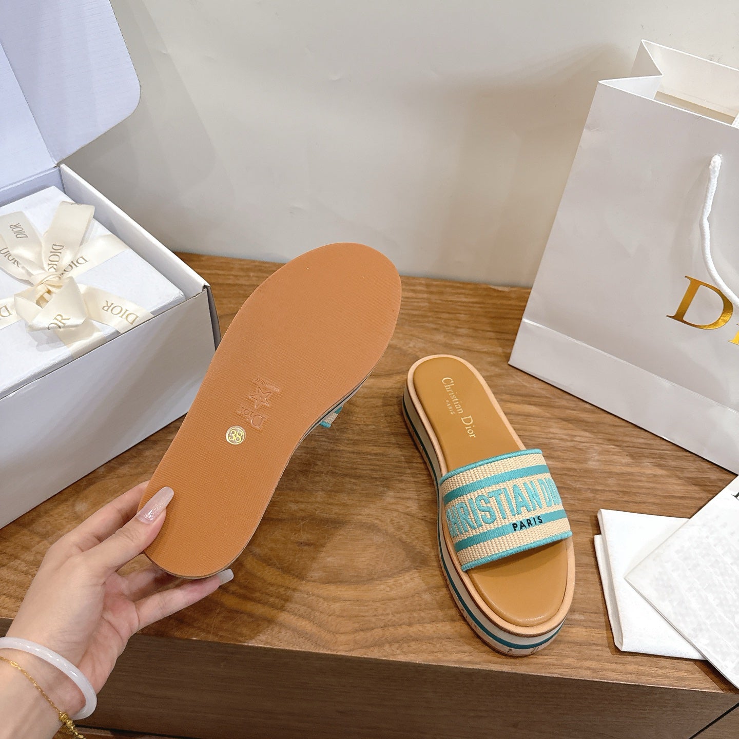 TURQUOISE & BEIGE LOGO STRAP PLATFORM SLIDE SANDALS