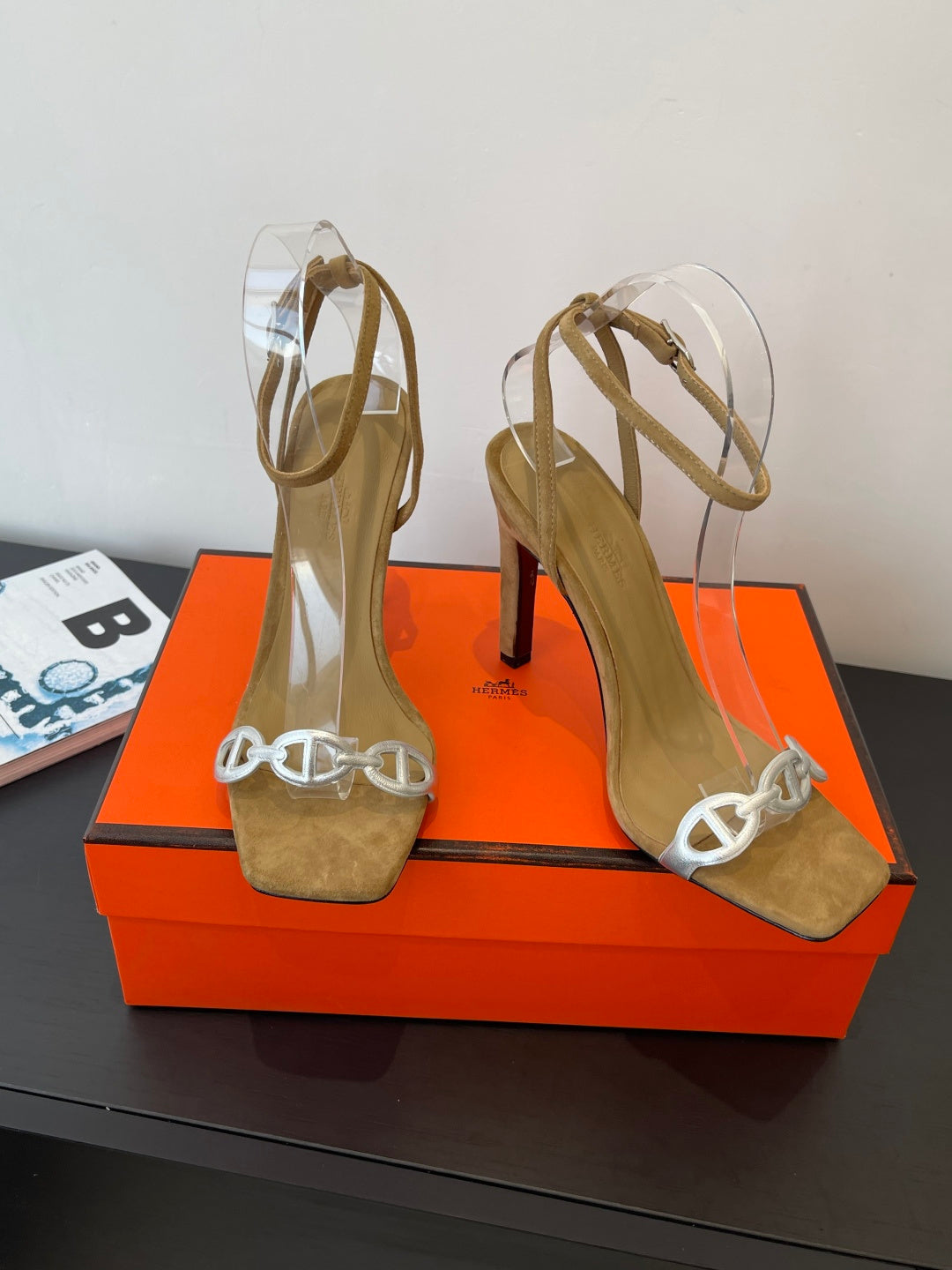 CAMEL SUEDE ANKLE STRAP HIGH HEEL SANDALS