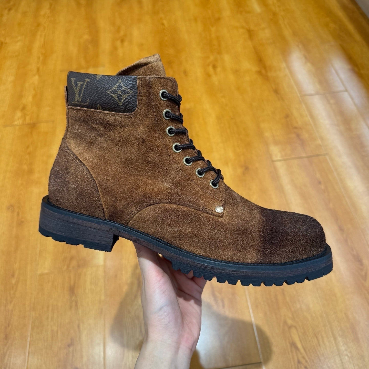 BROWN SUEDE MONOGRAM LACE-UP BOOTS