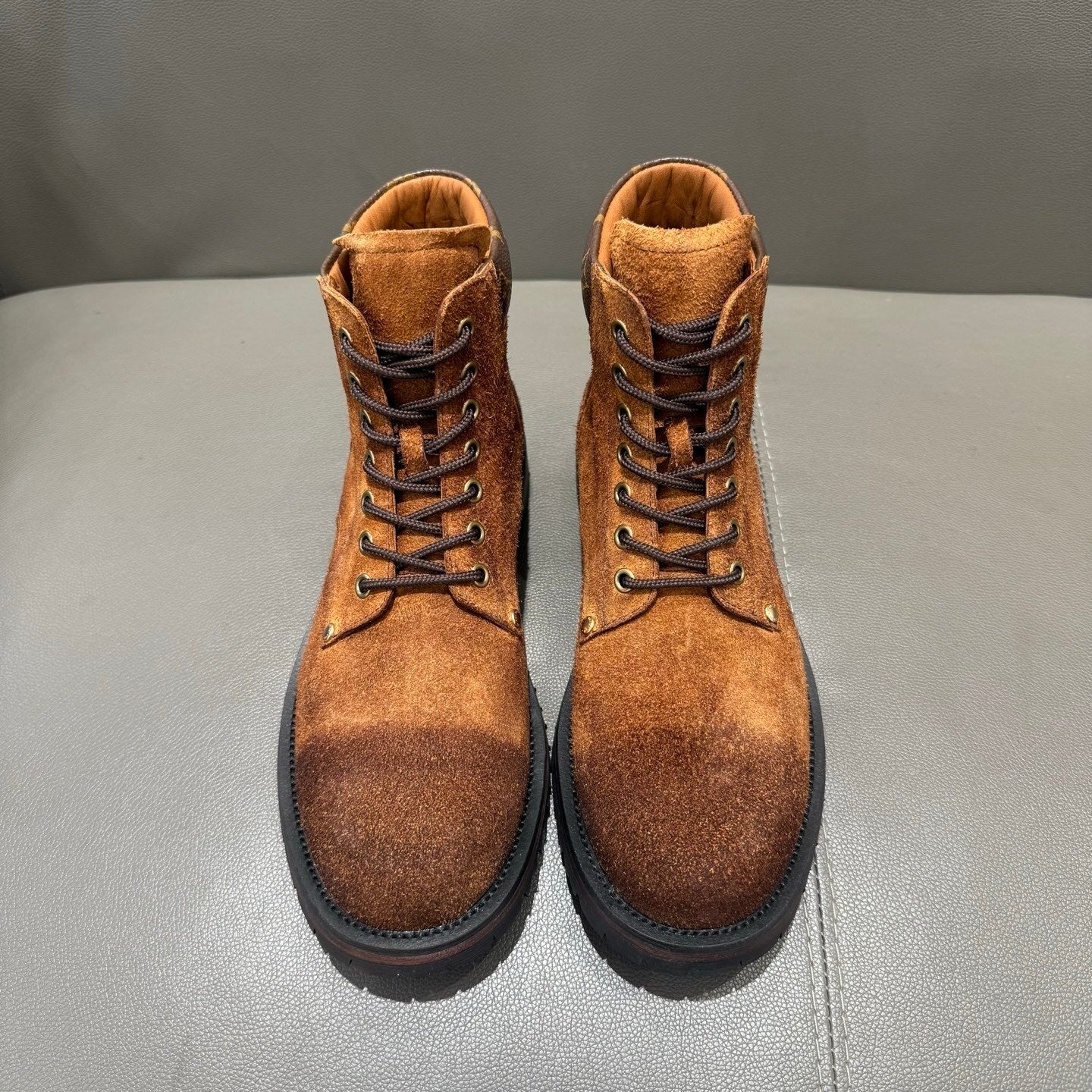 BROWN SUEDE MONOGRAM LACE-UP BOOTS