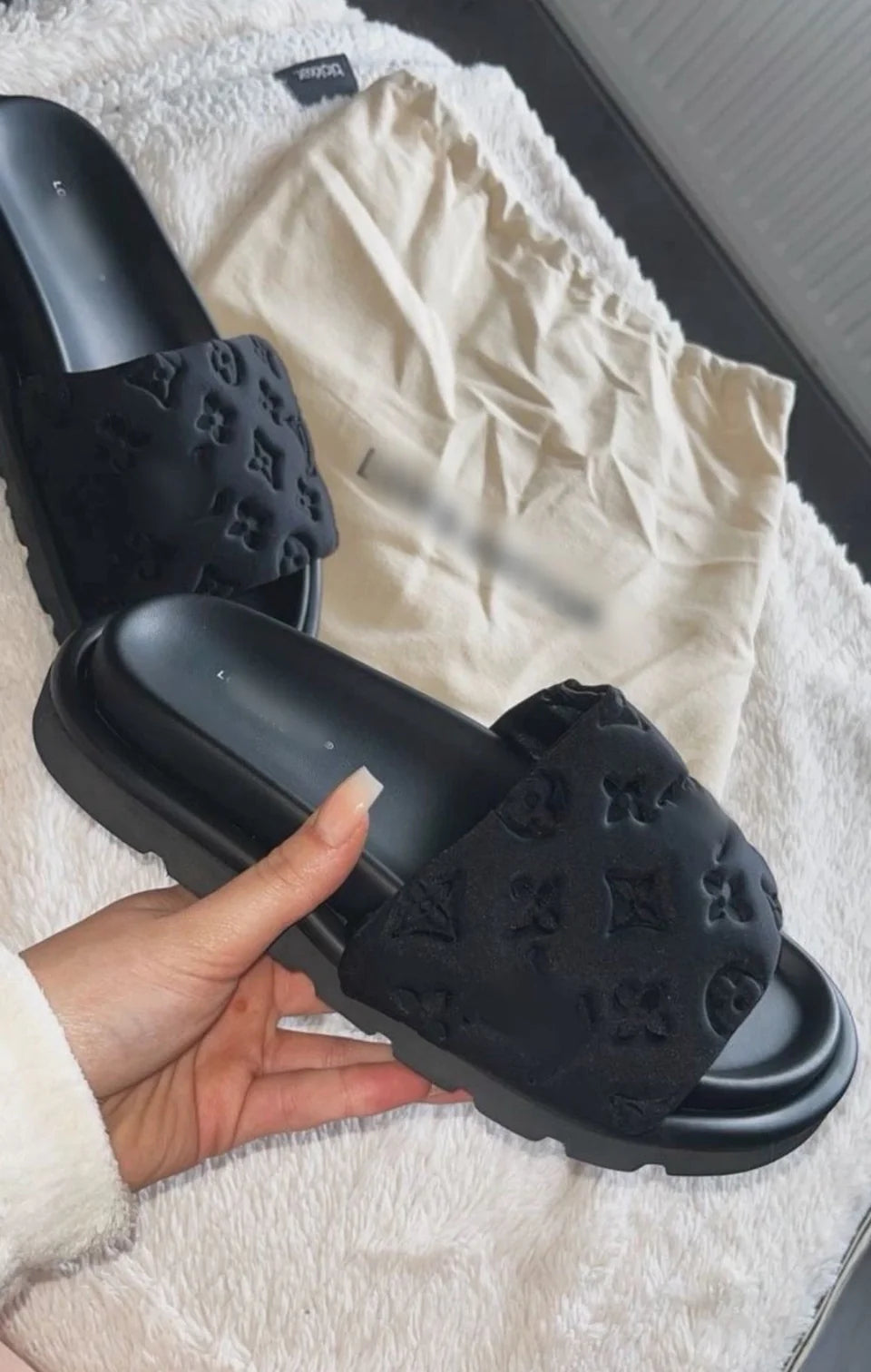 BLACK MONOGRAM PUFF PLATFORM SLIDES