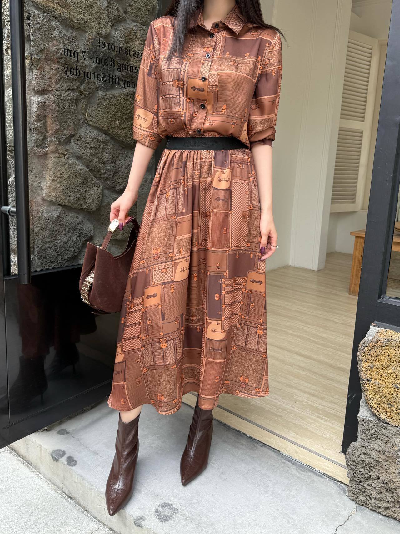 PRINTED BUTTON-FRONT MIDI DRESS WITH WAIST BELT