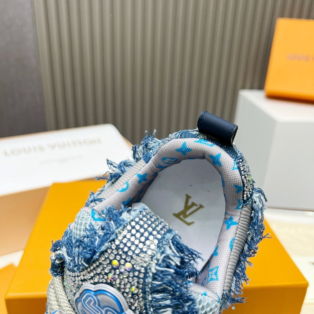 DENIM CRYSTAL-EMBELLISHED PLATFORM SNEAKERS IN BLUE