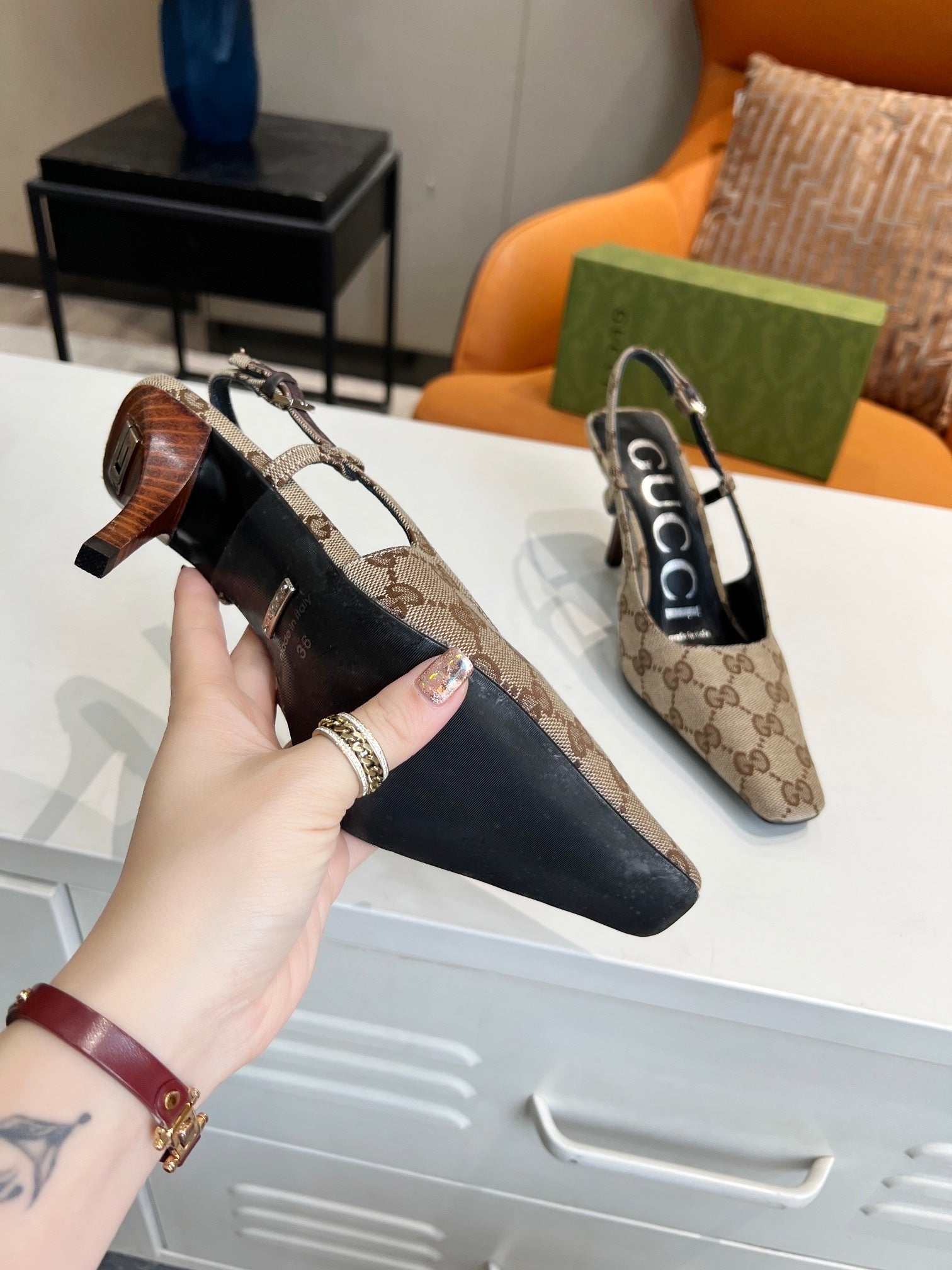 MONOGRAM T-STRAP SLINGBACK HEELS WITH SCULPTED HEEL