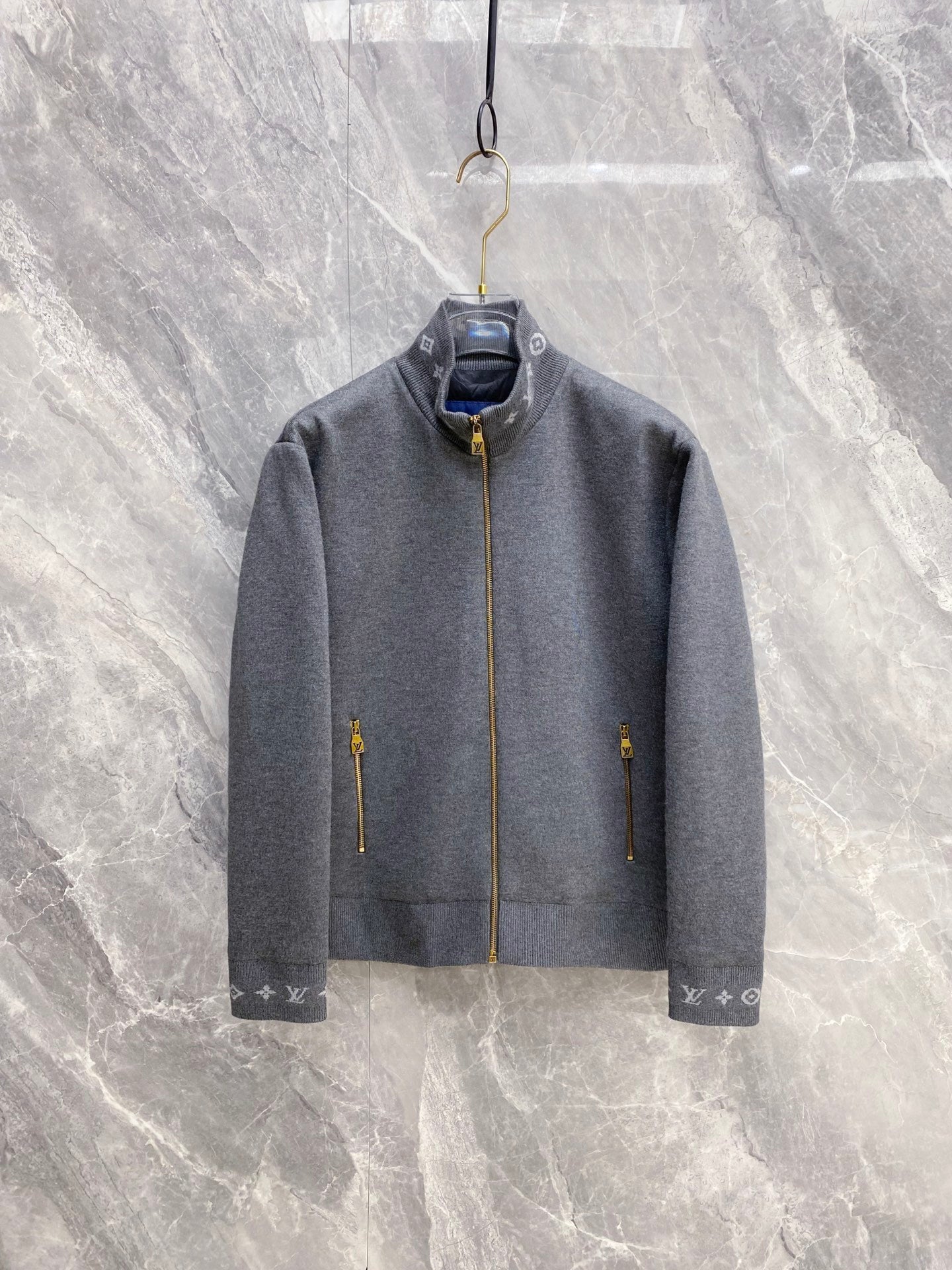 GREY ZIP-UP BOMBER JACKET WITH KNIT DETAILS