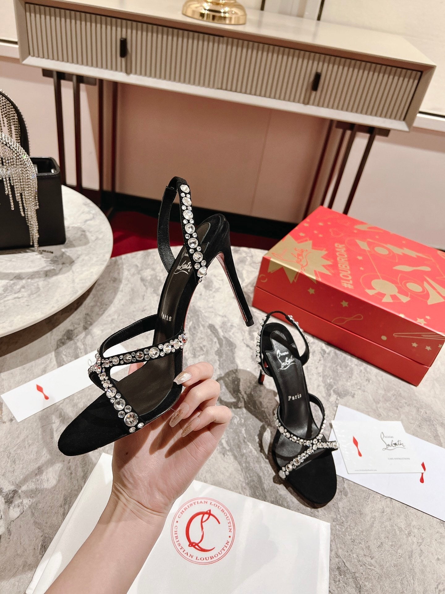 BLACK CRYSTAL-STRAP SANDAL HEELS