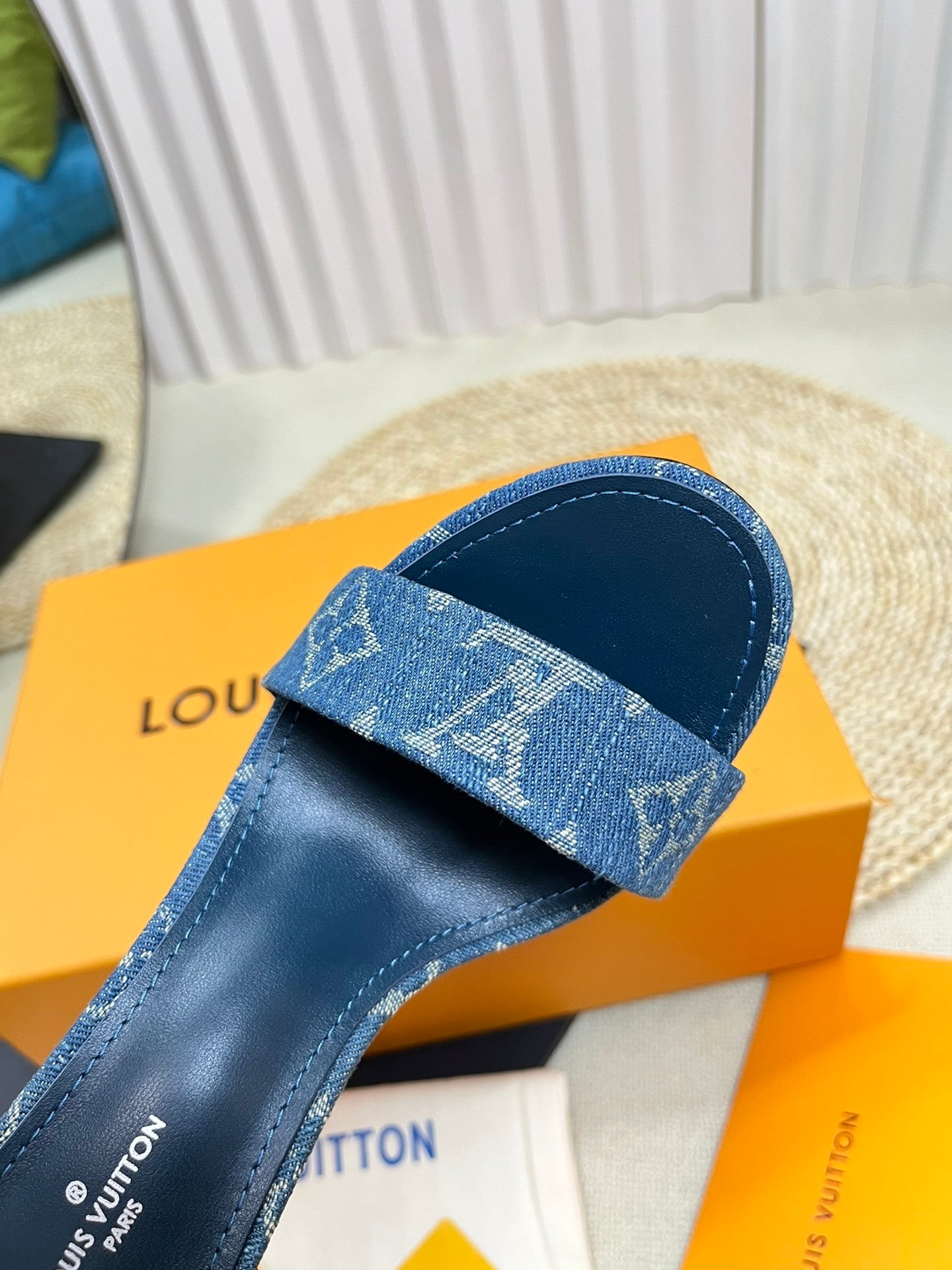 DENIM MONOGRAM CLEAR HEEL SANDALS