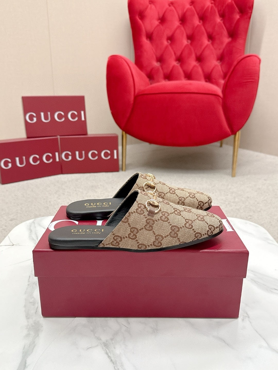 CLASSIC PATTERN SLIP-ON MULES WITH HORSEBIT ACCENT