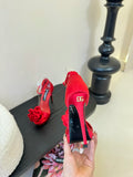 RED SATIN ROSETTE STRAPPY STILETTO HEELS