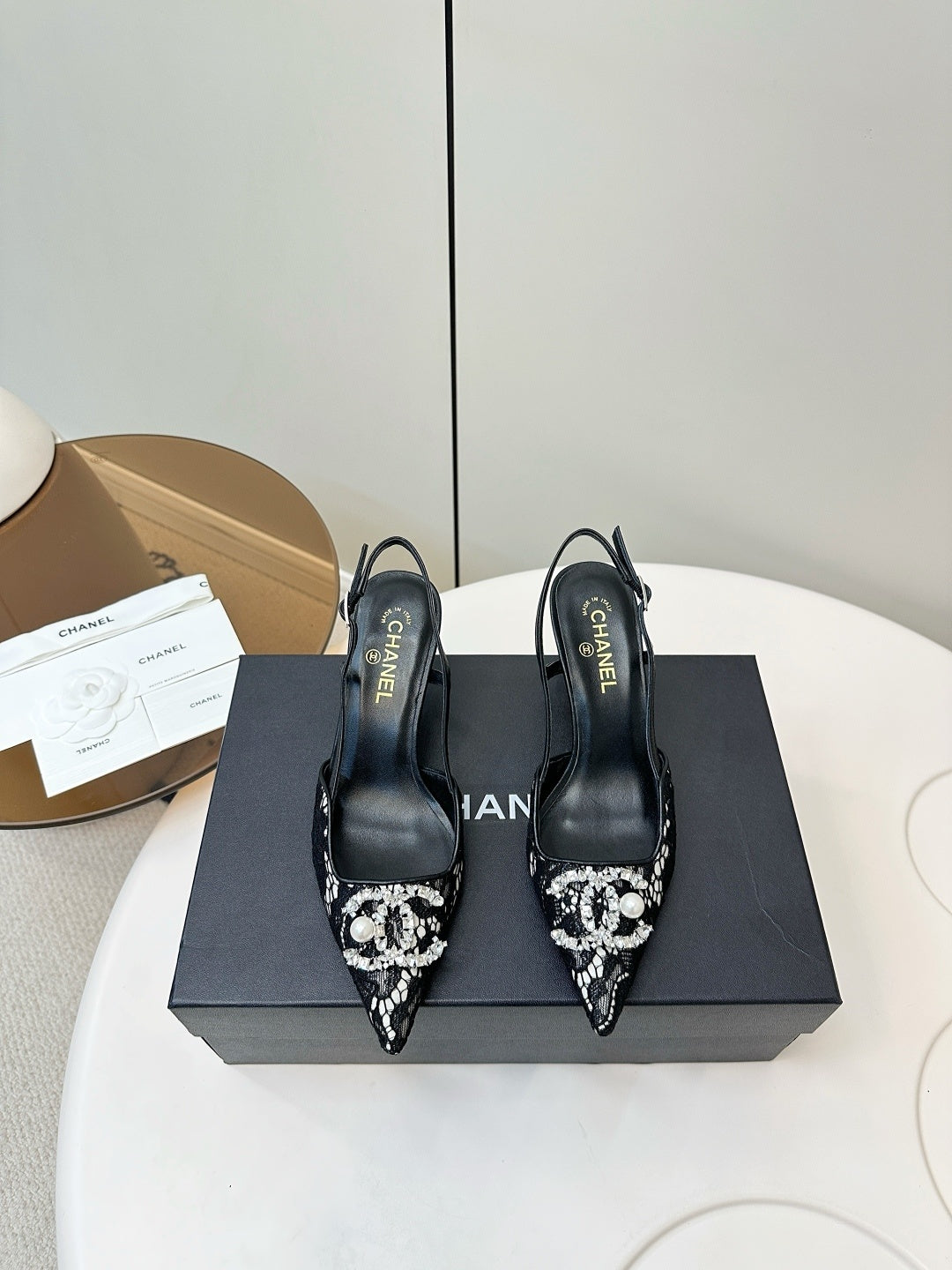 BLACK LACE CRYSTAL SLINGBACK HEELS