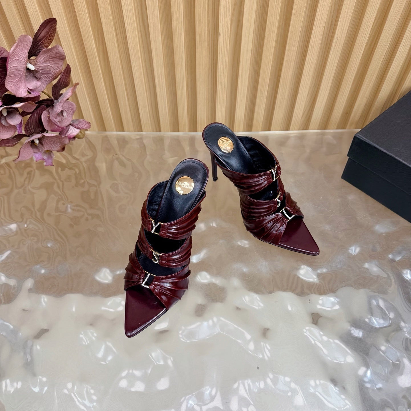 POINTED TOE PLEATED MULE HEELS