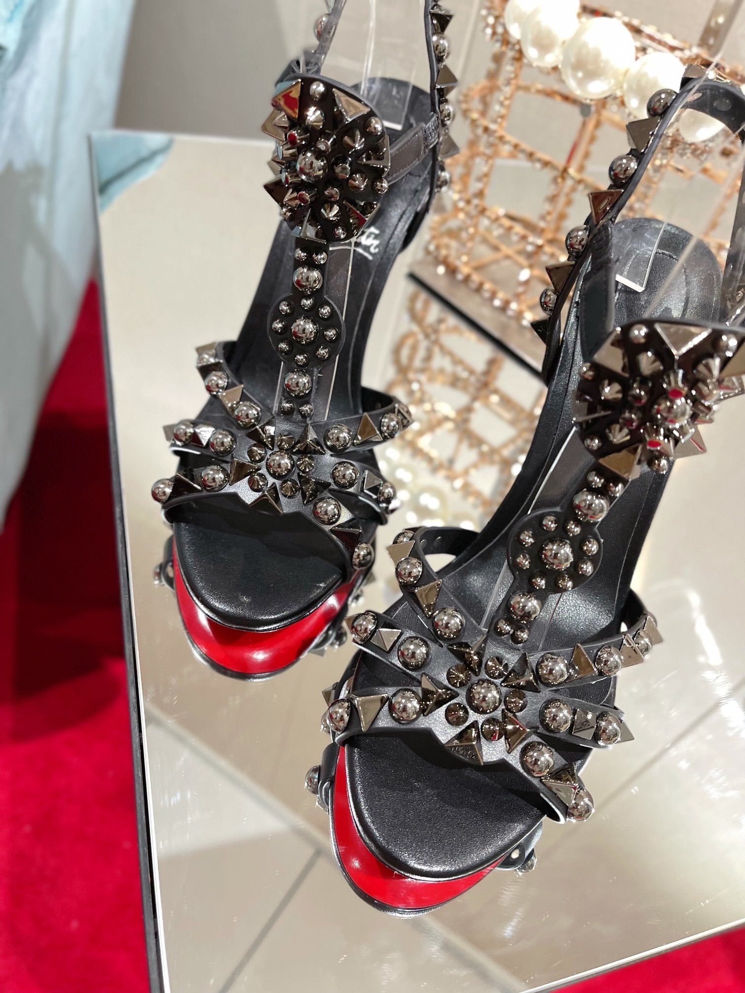 BLACK STUDDED EMBELLISHED STRAP HEELS