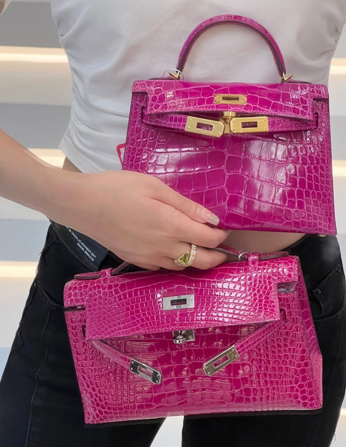 HOT PINK CROCODILE EMBOSSED MINI TOP HANDLE EVENING HANDBAG WITH GOLD HARDWARE