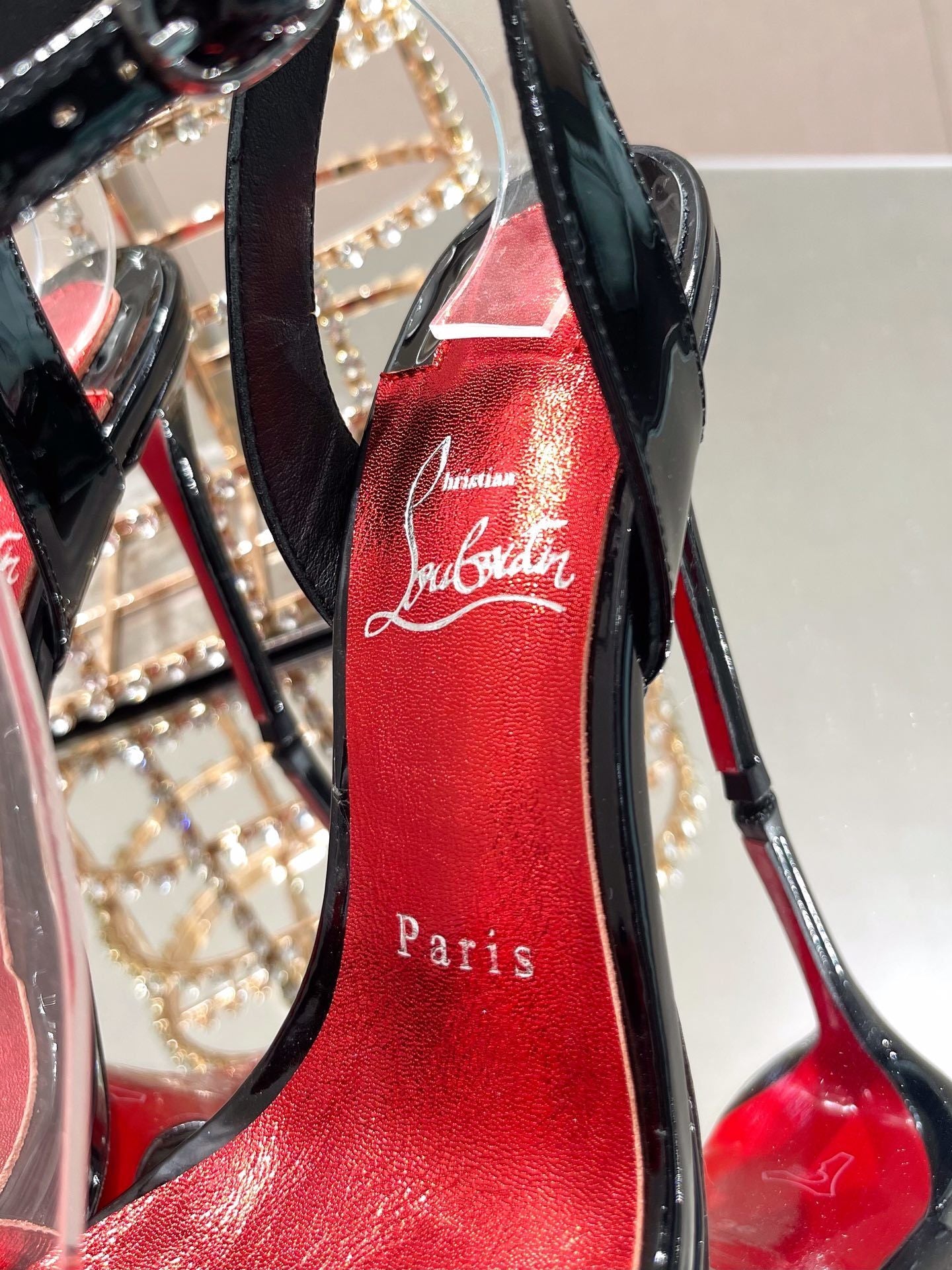 BLACK PATENT CLEAR STRAP SANDAL HEELS