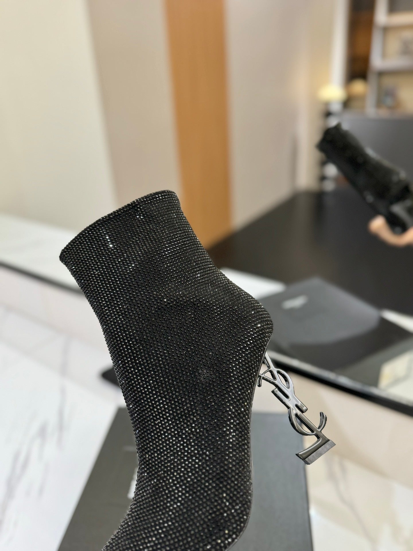 BLACK CRYSTAL HEEL BOOTS