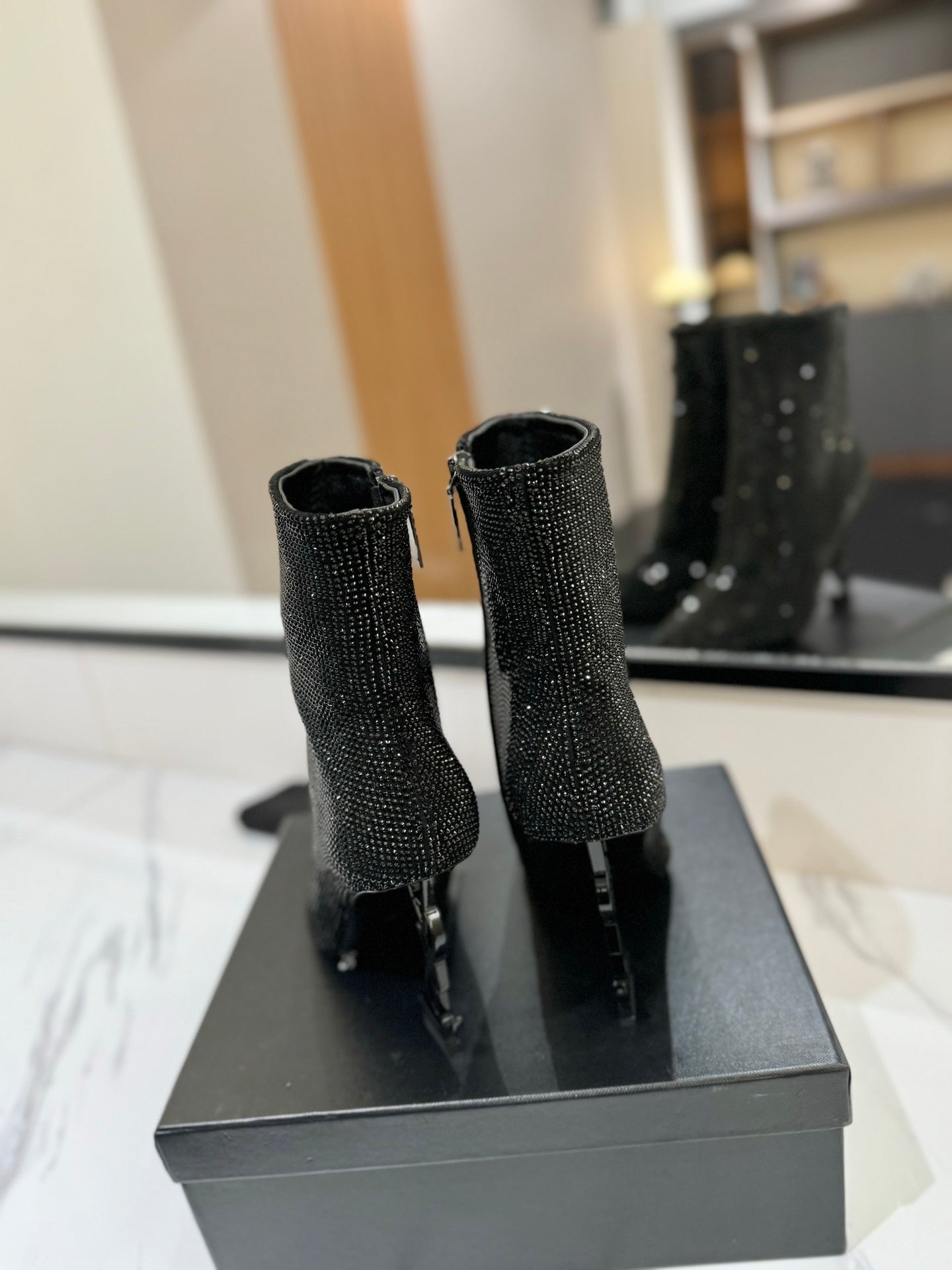 BLACK CRYSTAL HEEL BOOTS